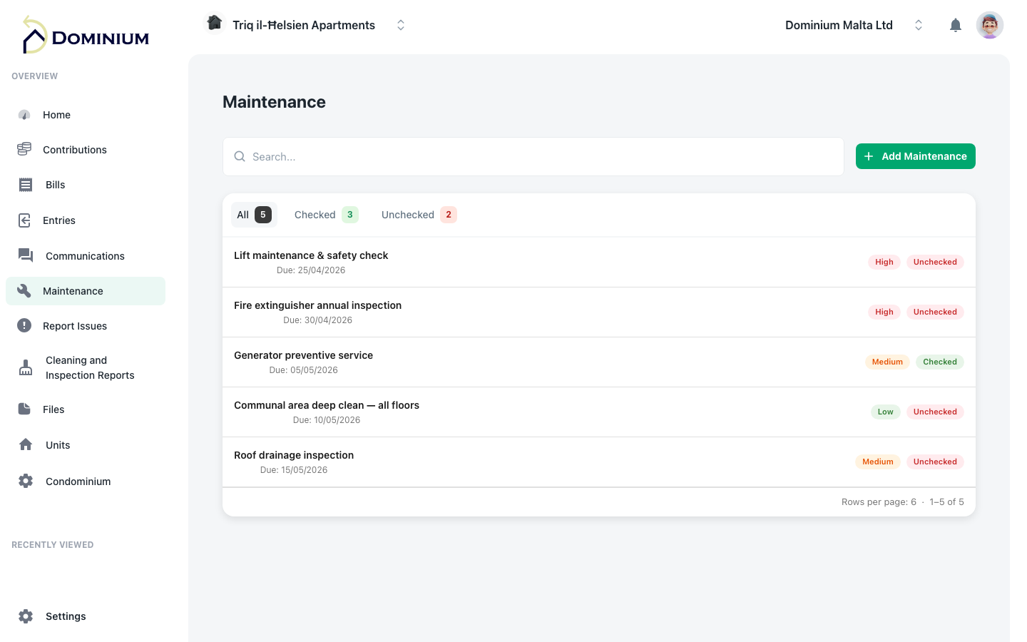 Dominium work requests management screen — Malta